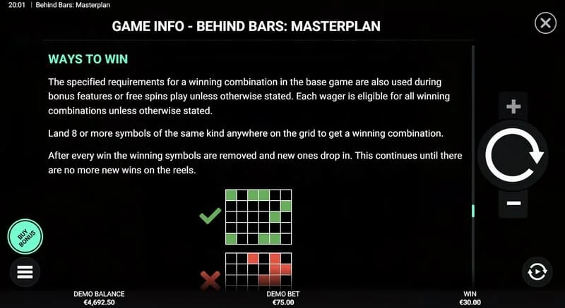 Behind Bars Masterplan - जीतने वाली लाइनों और संयोजनों का सारांश